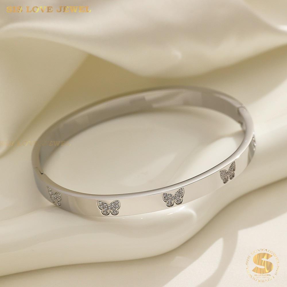 Butterfly Zirconia Oval Bangle Bracelet H134 Silver