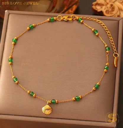 Green Bead & Shell Charm Anklet A029