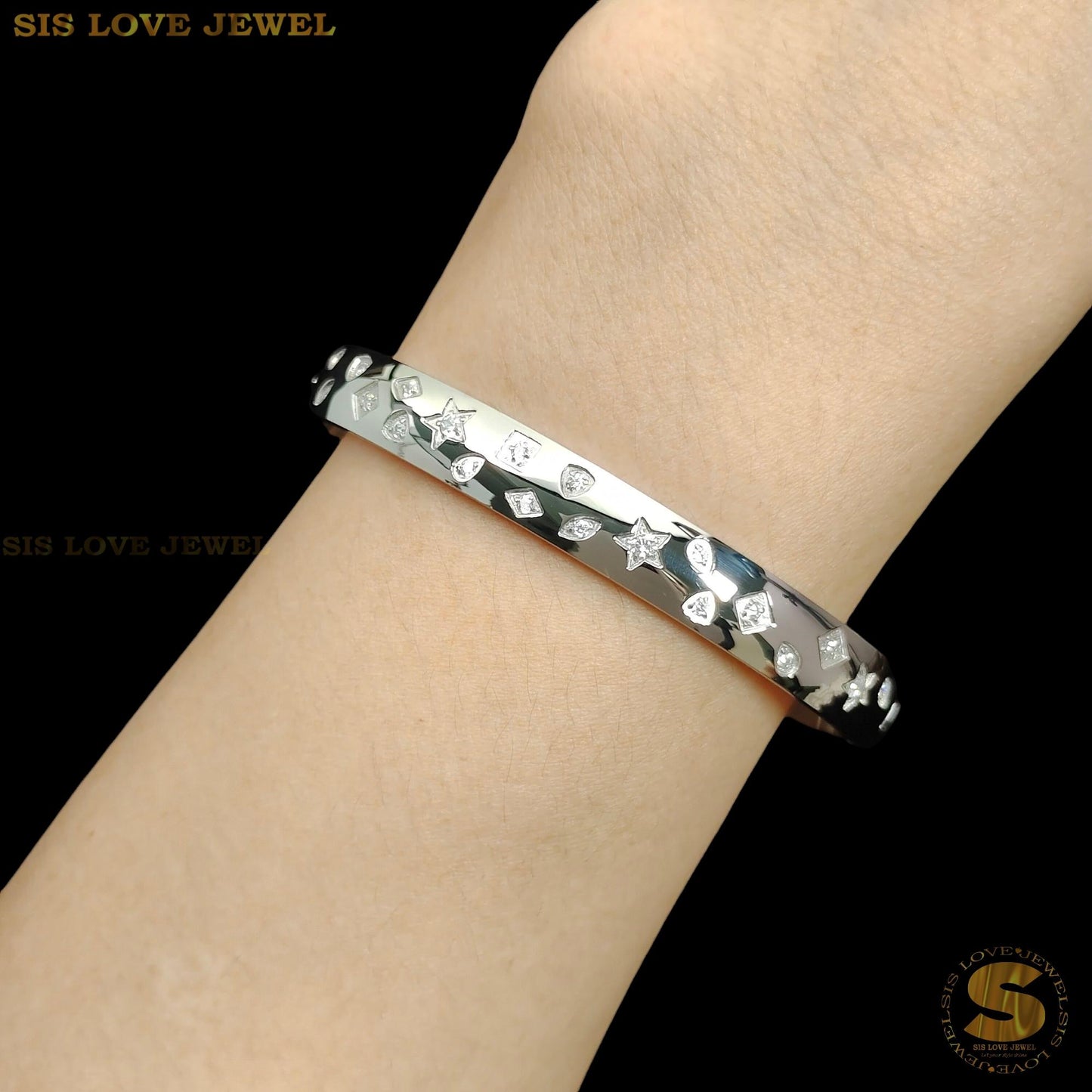 Silver Color Half Row Cubic Zirconia Oval Bangle H155