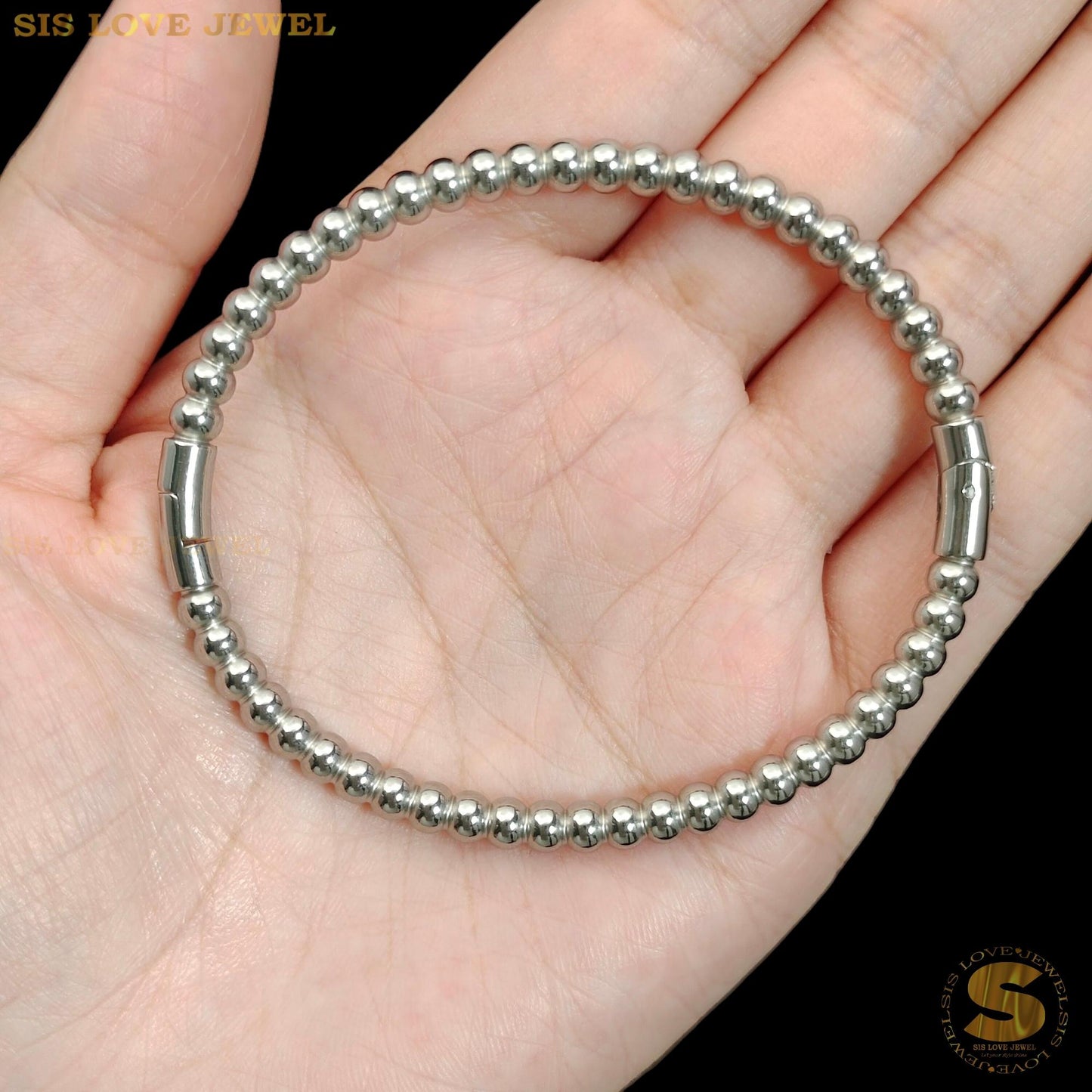 Silver Color Boba Beads Oval Bangle H084