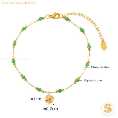 Green Bead & Shell Charm Anklet A029