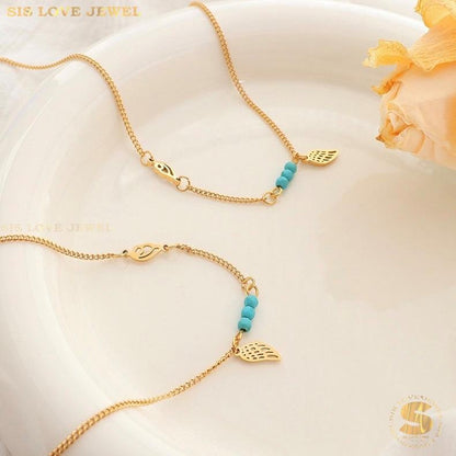Gold Plated Leaf Charm Anklet with Turquoise Bead A021