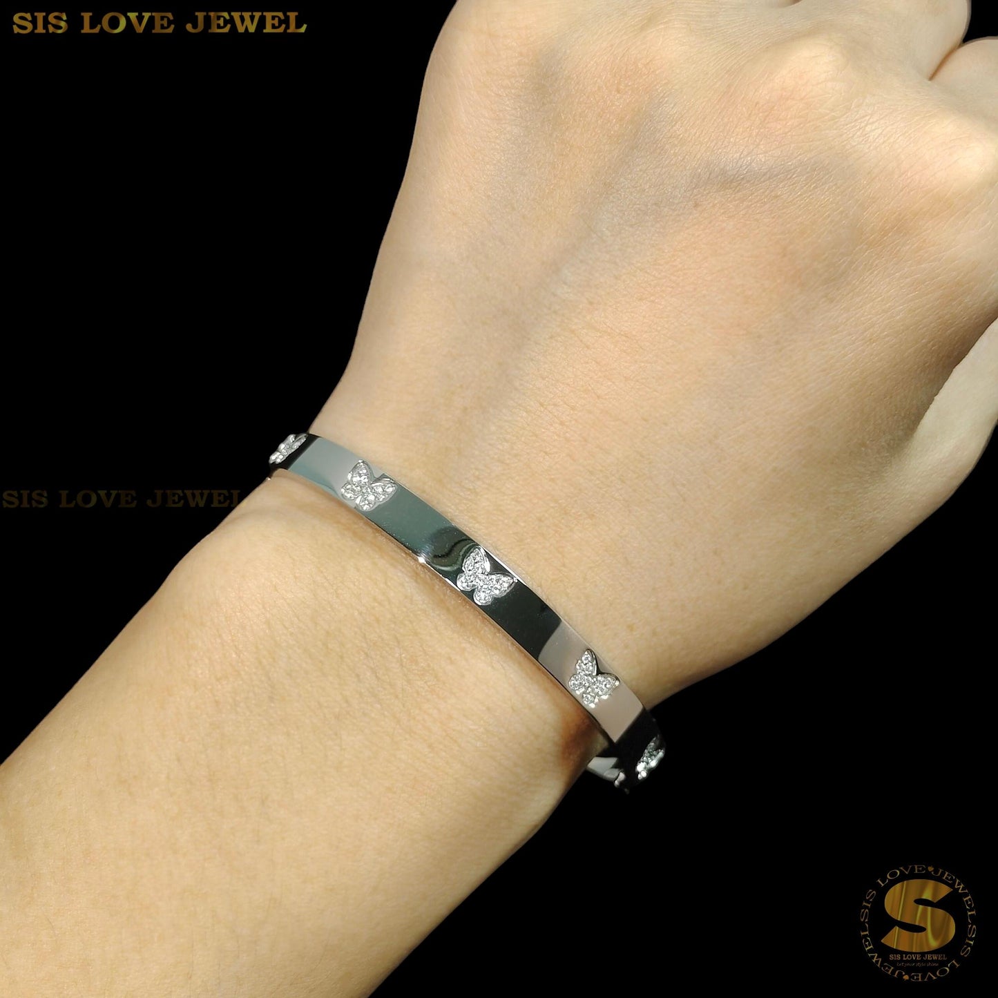 Butterfly Zirconia Oval Bangle Bracelet H134 Silver