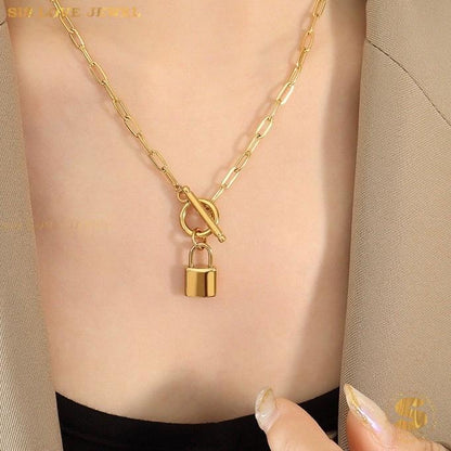 Double Layer Bead & Lock Paperclip Necklace N105