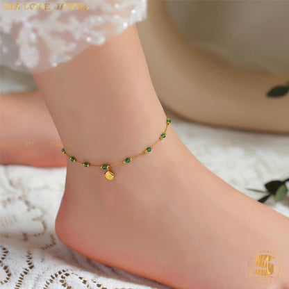 Green Bead & Shell Charm Anklet A029