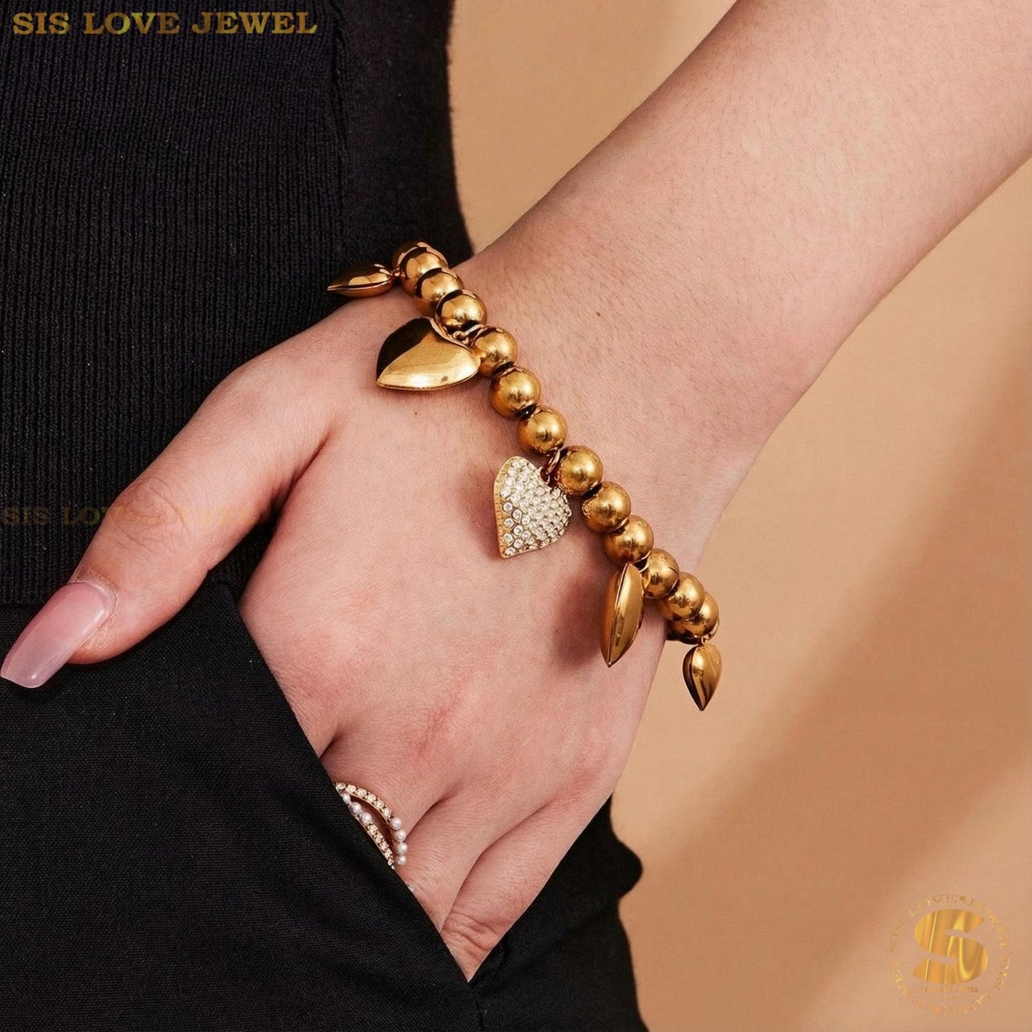 Sweet 18K Gold Heart Beaded Bracelet B244