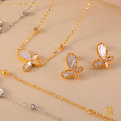 Gold Plated Butterfly Stud Earrings Necklace Set