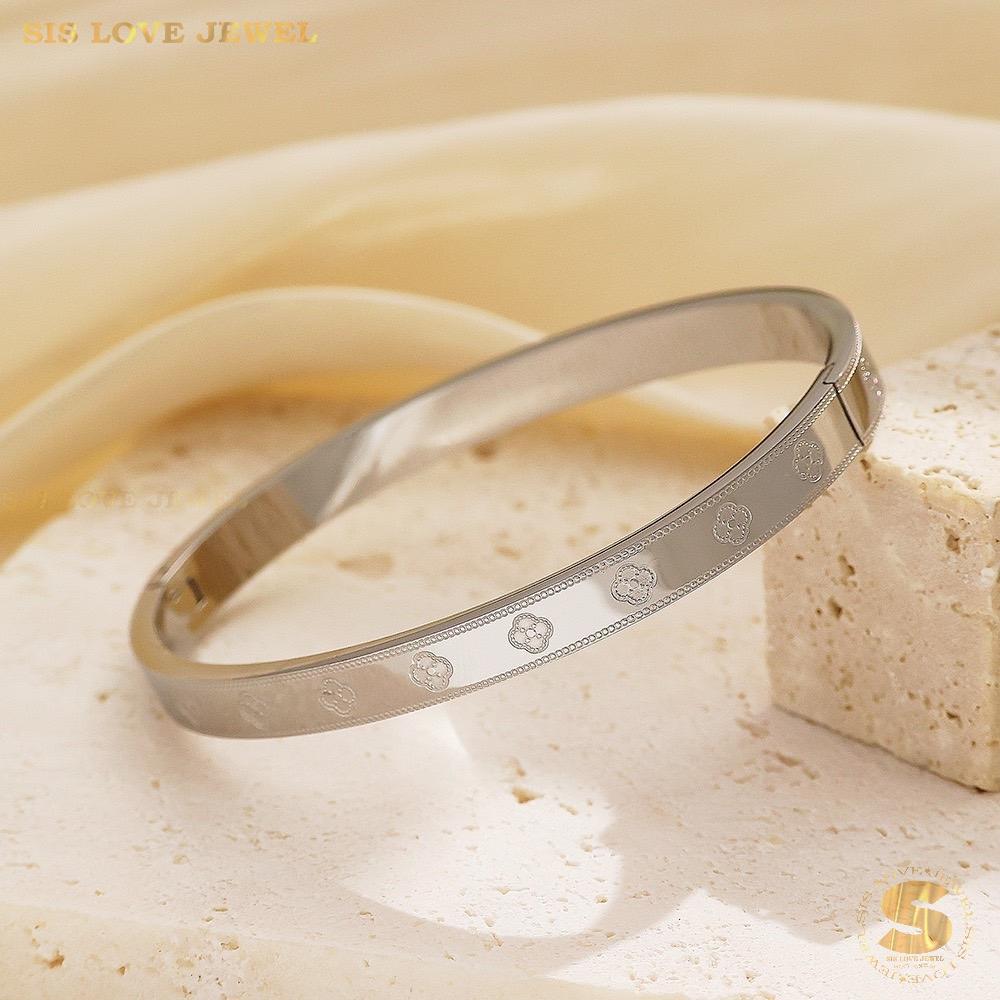 Mini Flower Oval Bangle H164 Silver