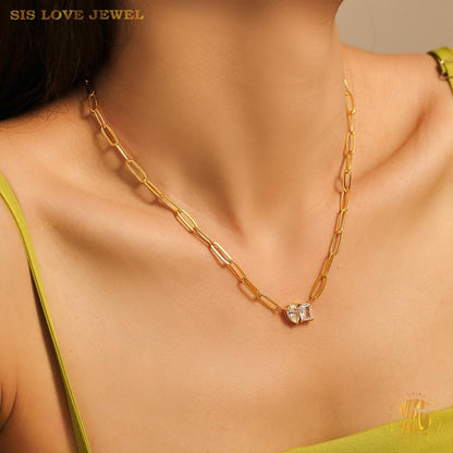 Cubic Zirconia Pendant Paperclip Necklace N143