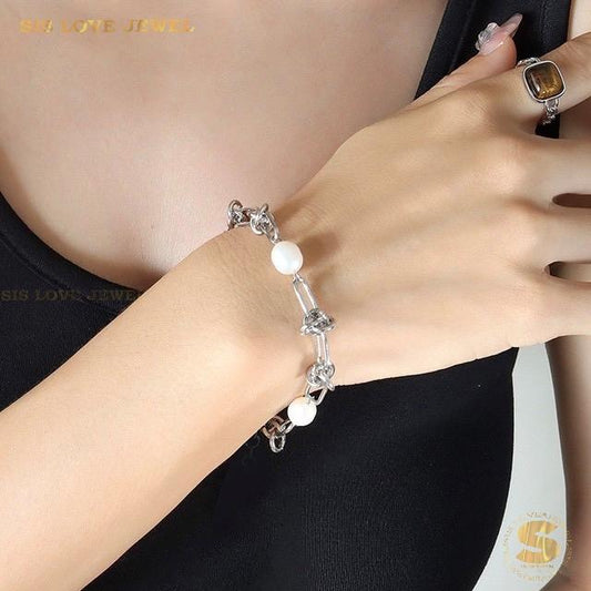 Pearl Silver Chain Bracelet B045 Silver
