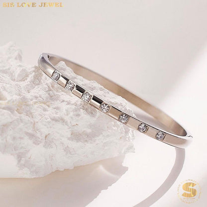 Silver Half Row Zirconia Oval Bangle H023 Silver