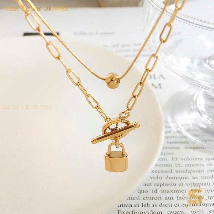 Double Layer Bead & Lock Paperclip Necklace N105
