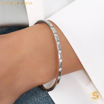 Silver Half Row Zirconia Oval Bangle H023 Silver