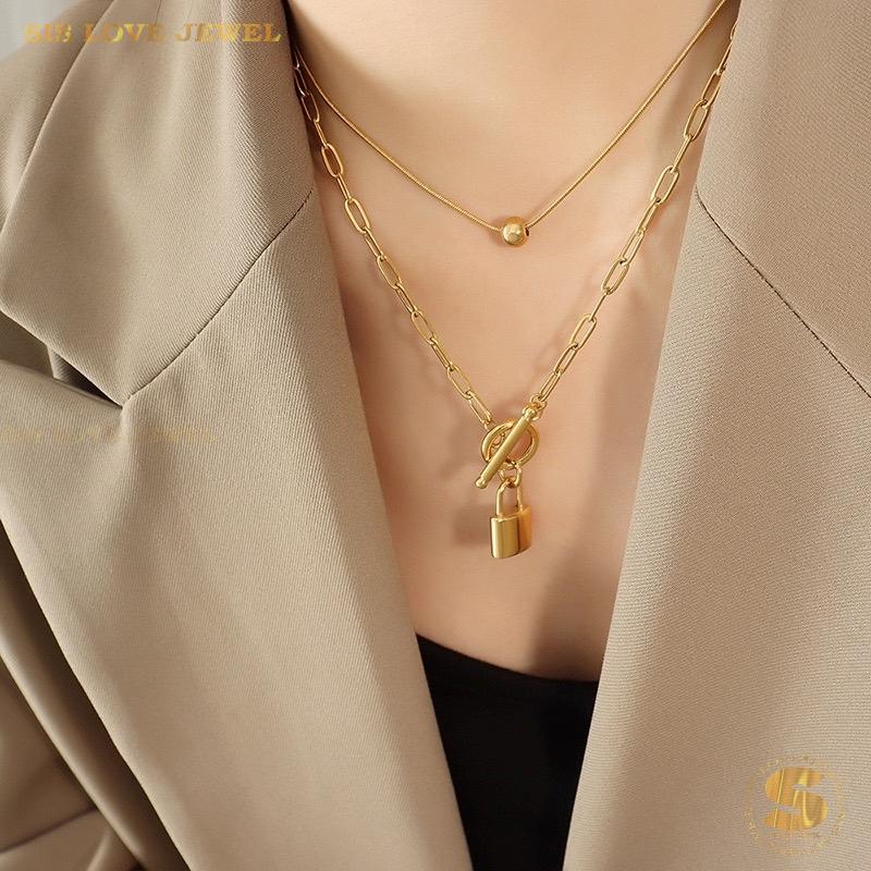 Double Layer Bead & Lock Paperclip Necklace N105