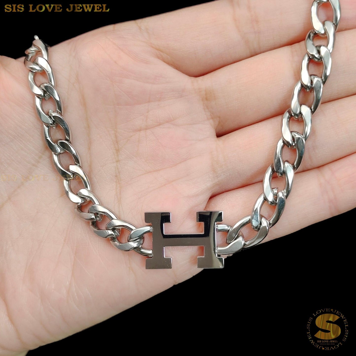 Silver Color Big H Cuban Link Chain Bracelet B053