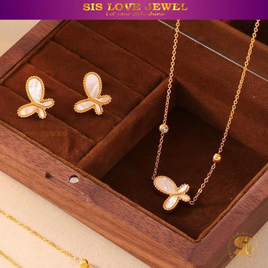 Gold Plated Butterfly Stud Earrings Necklace Set