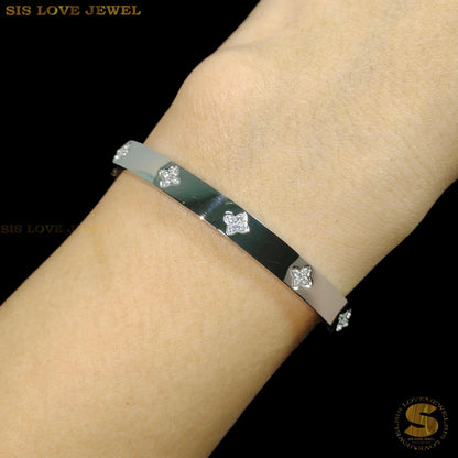 Silver Color Clover Zirconia Full Diamond Bangle H032