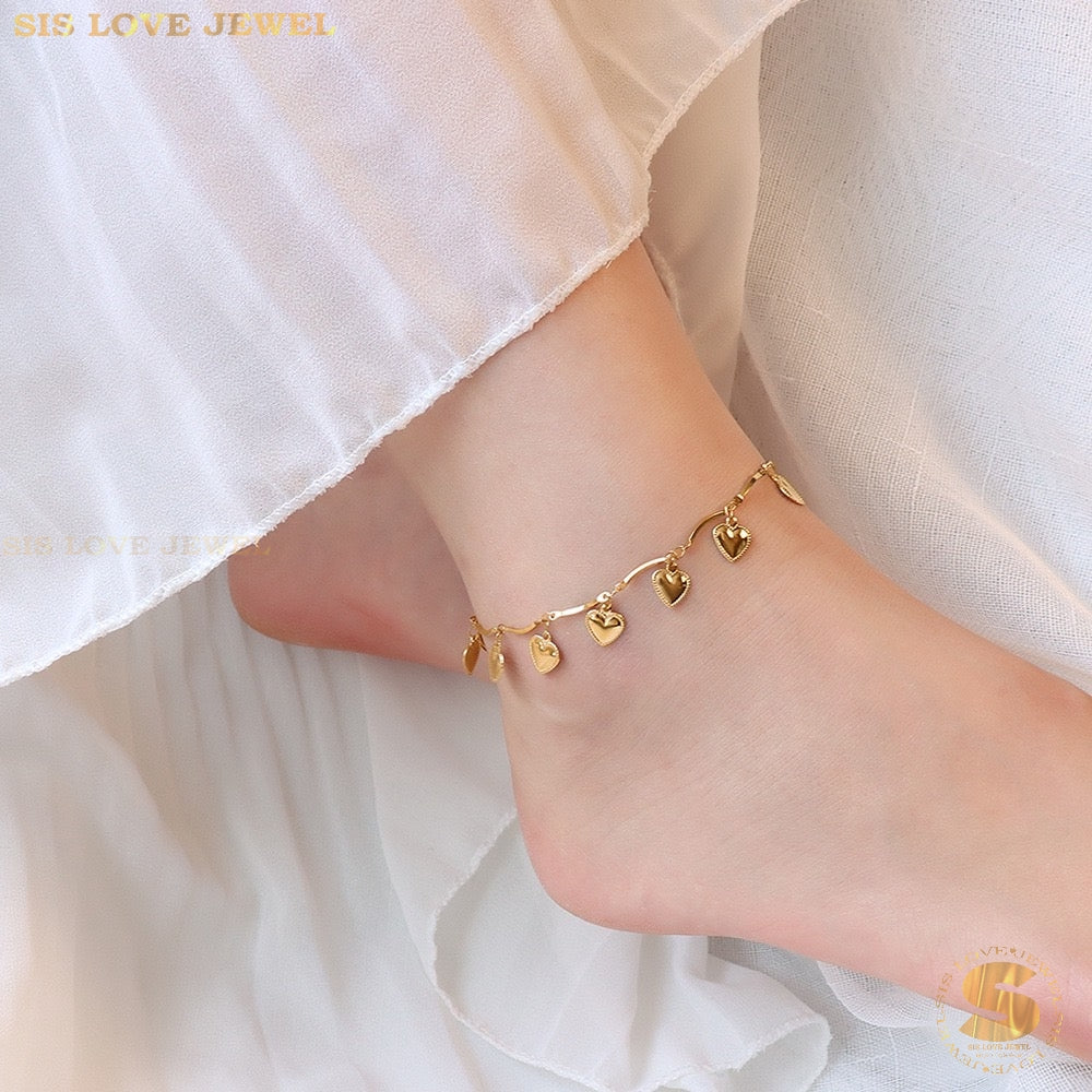 Titanium Steel 18K Gold Plated Heart Loket Gelang Kaki Rantai Kaki Wanita Gelang Kaki Barang Kemas A017