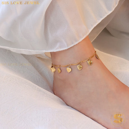 钛钢 18K 镀金心形吊坠脚链 Rantai Kaki 女士 Gelang Kaki 珠宝 A017