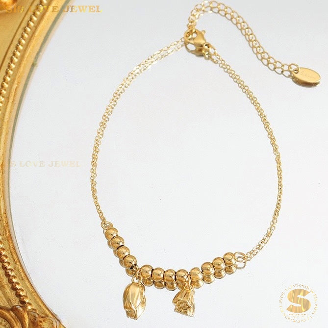 Titanium Steel 18K Gold Plated Lotus Beads Gelang kaki Rantai Kaki Wanita Simple Gelang Kaki Jewellery A020