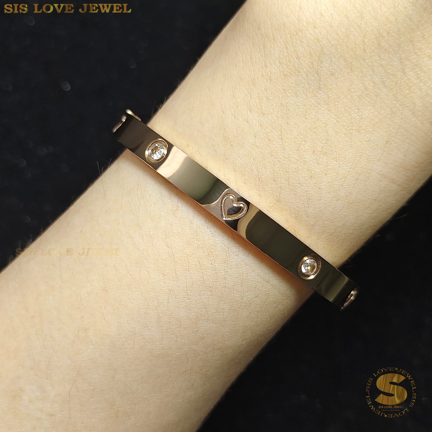 Rose Gold Color Love & Zirconia Oval Bangle H030