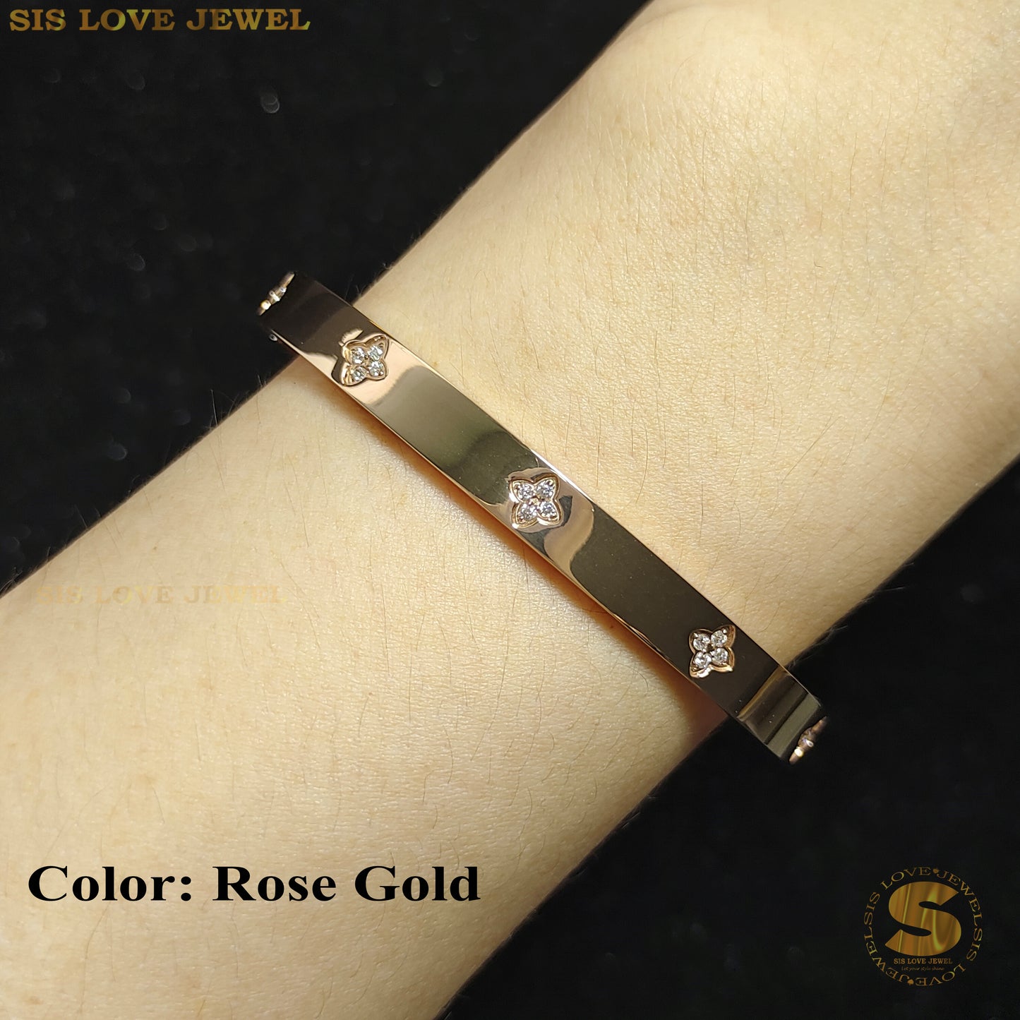 Clover Cubic Zirconia Oval Bangle Gold/Rose-Gold H032