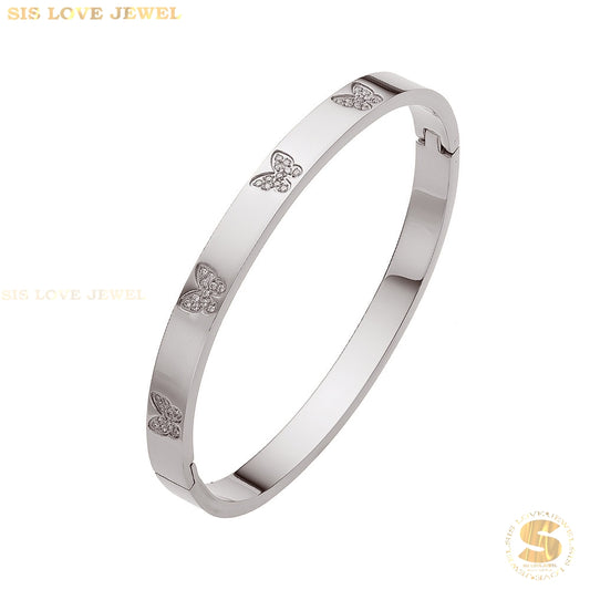 Butterfly Zirconia Oval Bangle Bracelet H134 Silver