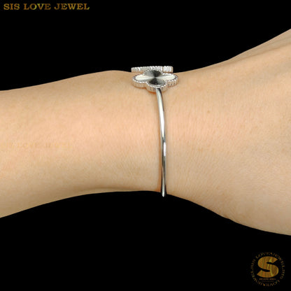 Silver Color Double Clover Oval Bangle H151