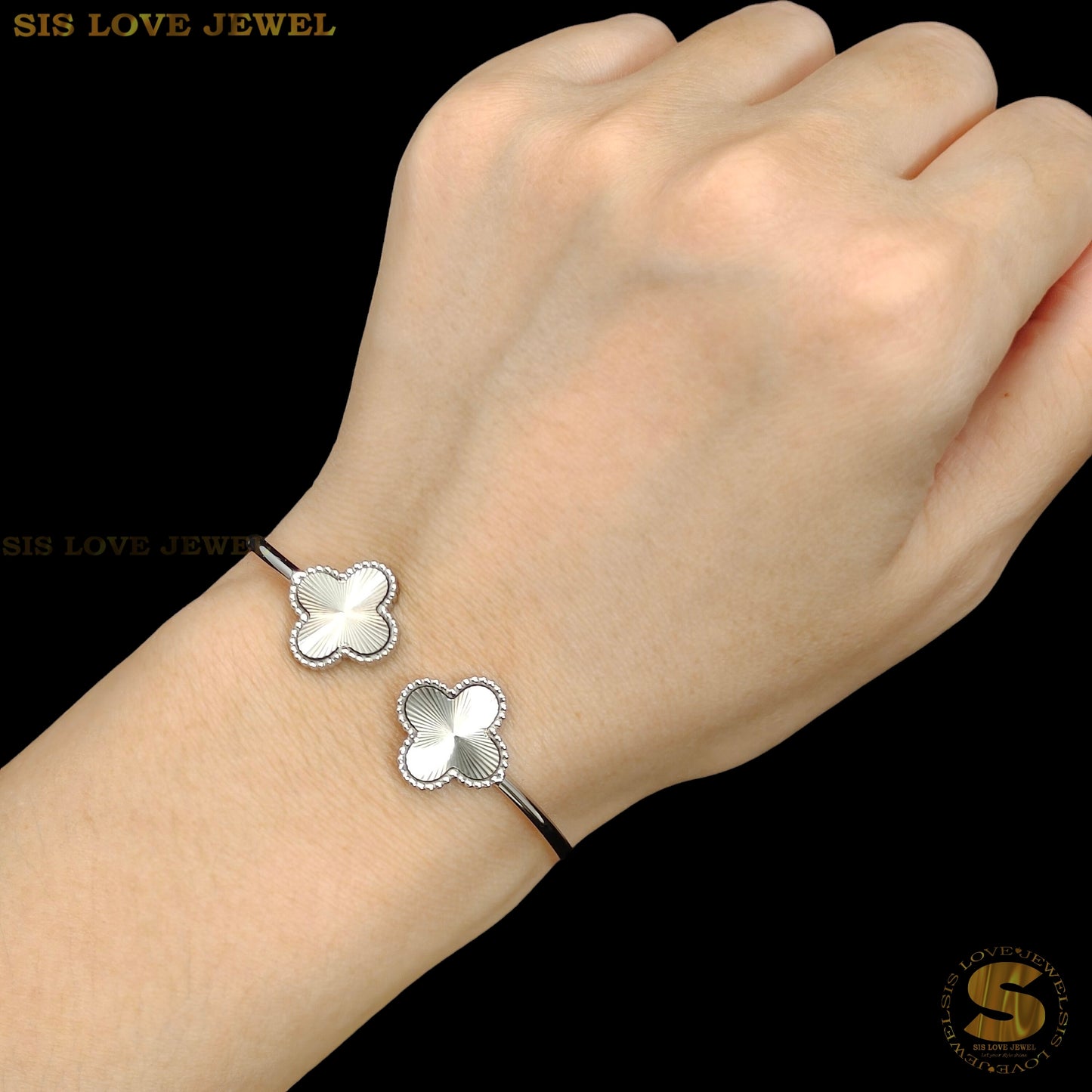 Silver Color Double Clover Oval Bangle H151