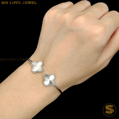 Silver Color Double Clover Oval Bangle H151