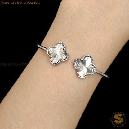 Silver Color Double Clover Oval Bangle H151