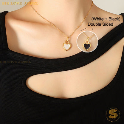 Keluli Titanium 18K Saduran Emas Jantung 2 Sisi Loket Kalung Rantai Leher Kalung Fesyen Wanita N064