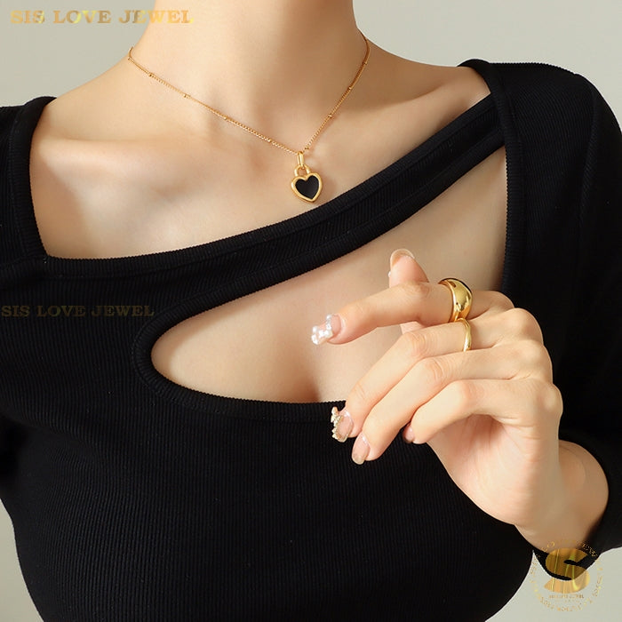 Keluli Titanium 18K Saduran Emas Jantung 2 Sisi Loket Kalung Rantai Leher Kalung Fesyen Wanita N064