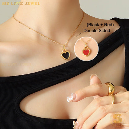 Keluli Titanium 18K Saduran Emas Jantung 2 Sisi Loket Kalung Rantai Leher Kalung Fesyen Wanita N064