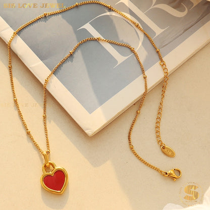 Keluli Titanium 18K Saduran Emas Jantung 2 Sisi Loket Kalung Rantai Leher Kalung Fesyen Wanita N064