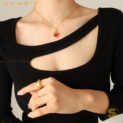 Keluli Titanium 18K Saduran Emas Jantung 2 Sisi Loket Kalung Rantai Leher Kalung Fesyen Wanita N064