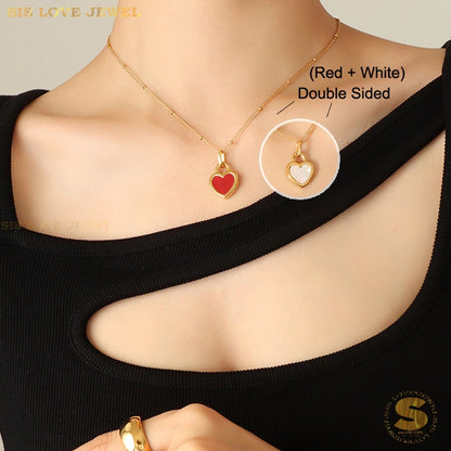 Keluli Titanium 18K Saduran Emas Jantung 2 Sisi Loket Kalung Rantai Leher Kalung Fesyen Wanita N064