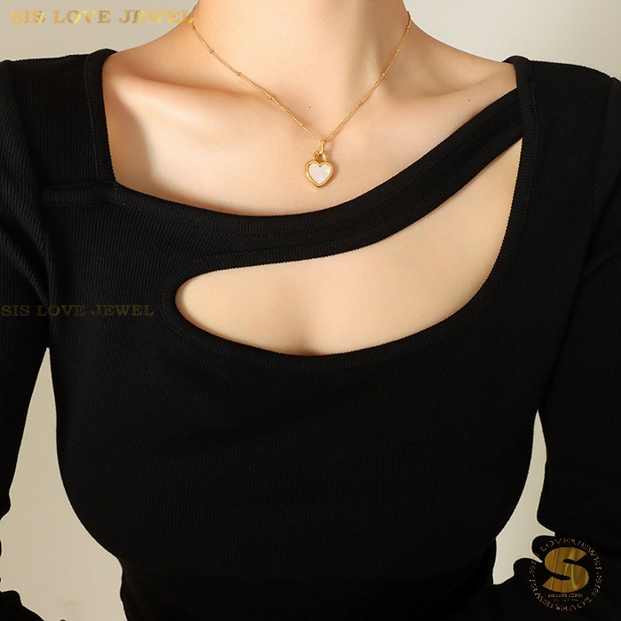 Keluli Titanium 18K Saduran Emas Jantung 2 Sisi Loket Kalung Rantai Leher Kalung Fesyen Wanita N064