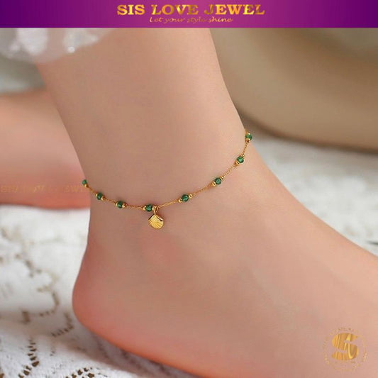 Green Bead & Shell Charm Anklet A029