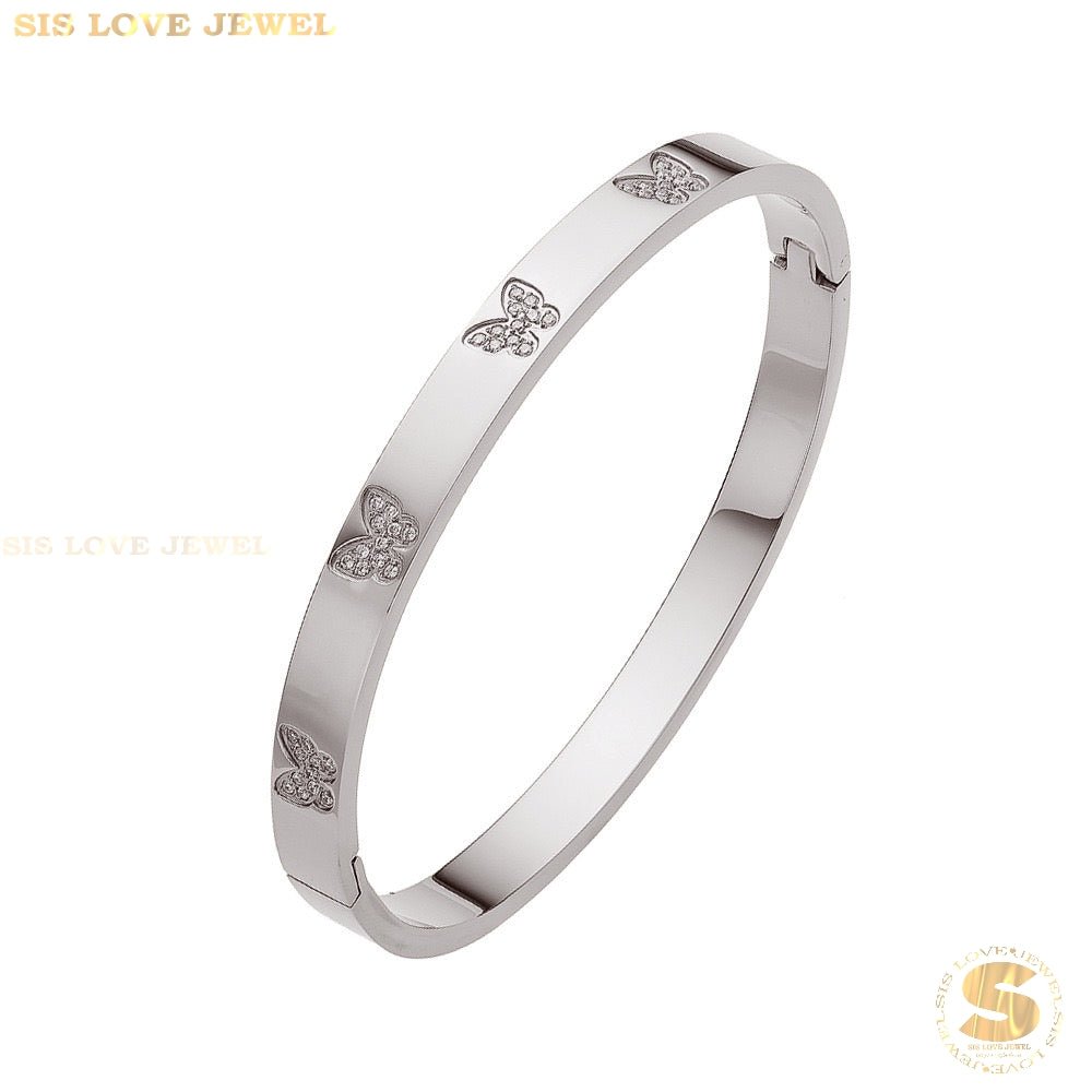 Butterfly Zirconia Oval Bangle Bracelet H134 Silver
