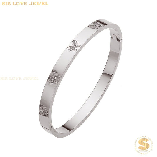Butterfly Zirconia Oval Bangle Bracelet H134 Silver