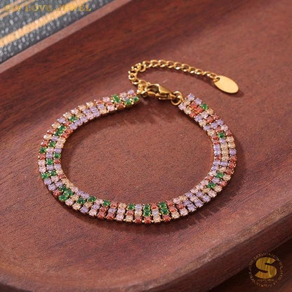 Colorful Cubic Zirconia 3-Layer BraceletB146 Colorful