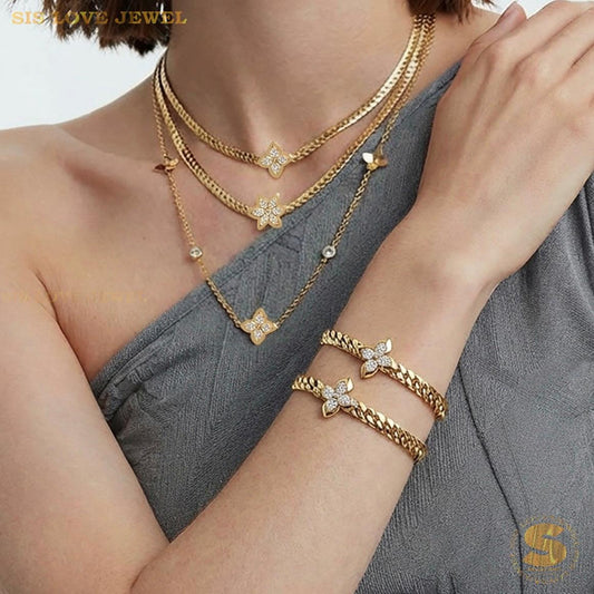 Delicate Clover Cuban Bracelet and Necklace N162 B263