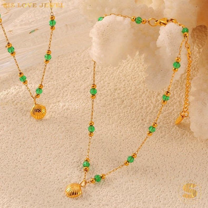 Green Bead & Shell Charm Anklet A029