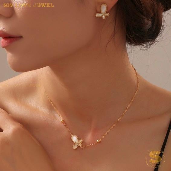 Gold Plated Butterfly Stud Earrings Necklace Set