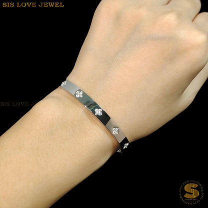 Silver Color Clover Zirconia Full Diamond Bangle H032