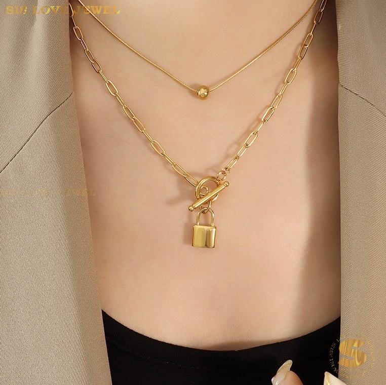 Double Layer Bead & Lock Paperclip Necklace N105