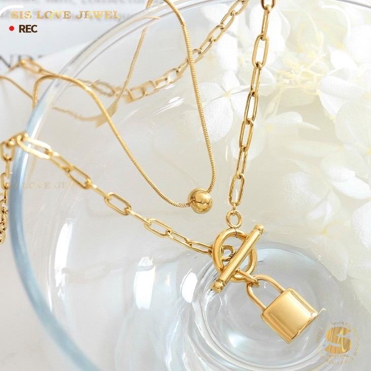 Double Layer Bead & Lock Paperclip Necklace N105