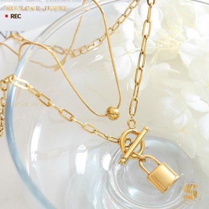 Double Layer Bead & Lock Paperclip Necklace N105
