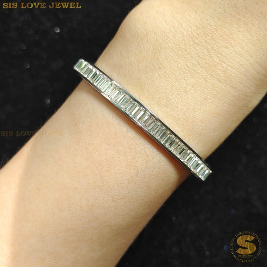 White Half Row Diamond Oval Bangle Silver H034